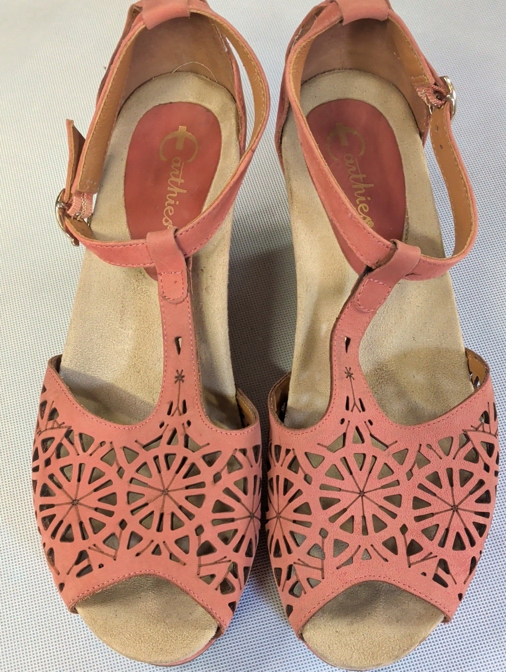 Earthies Coral Laser-Cut T-Strap Sandals